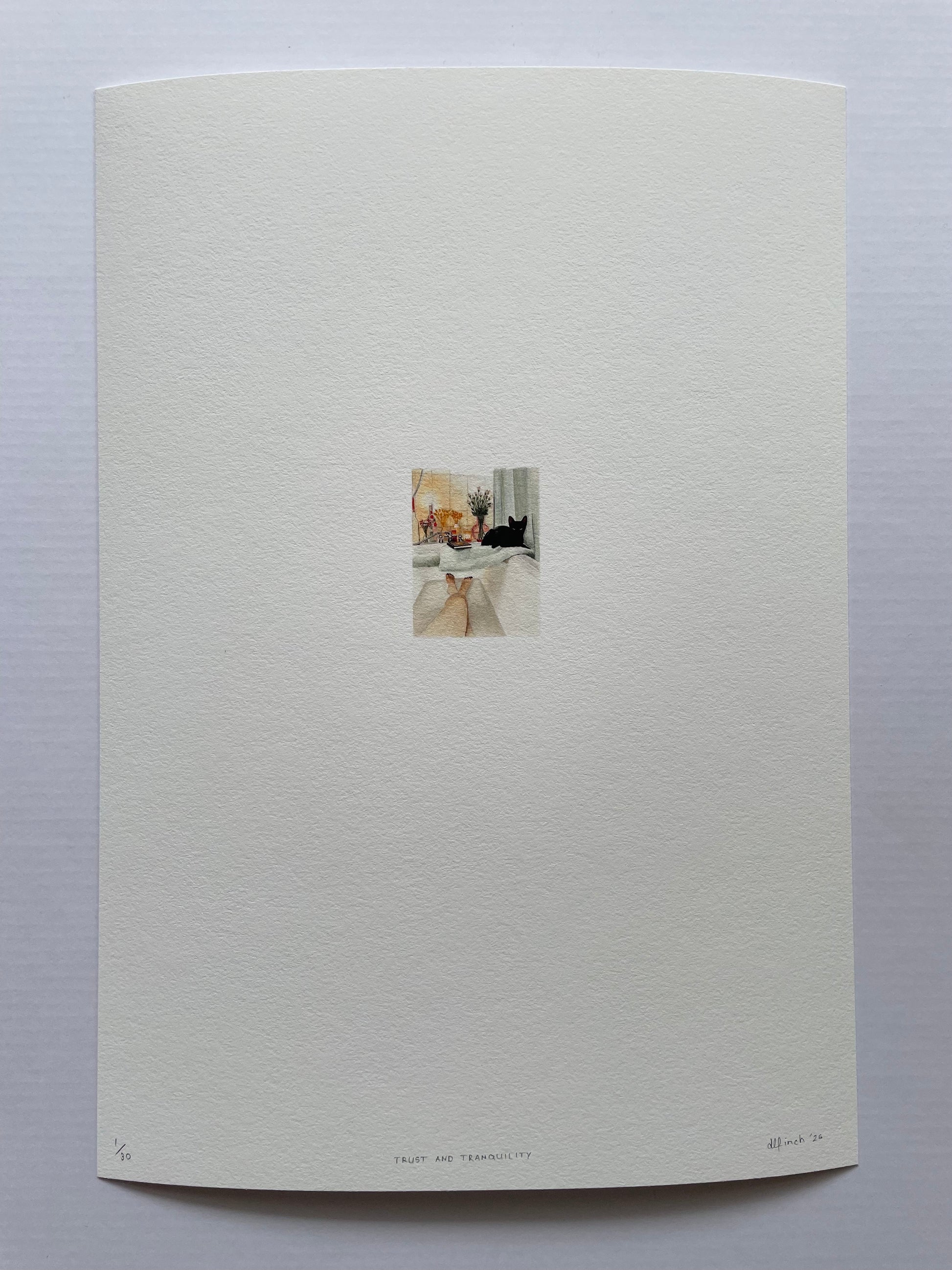 Light textured paper with a tiny print of a cat lying by a lady while she baths