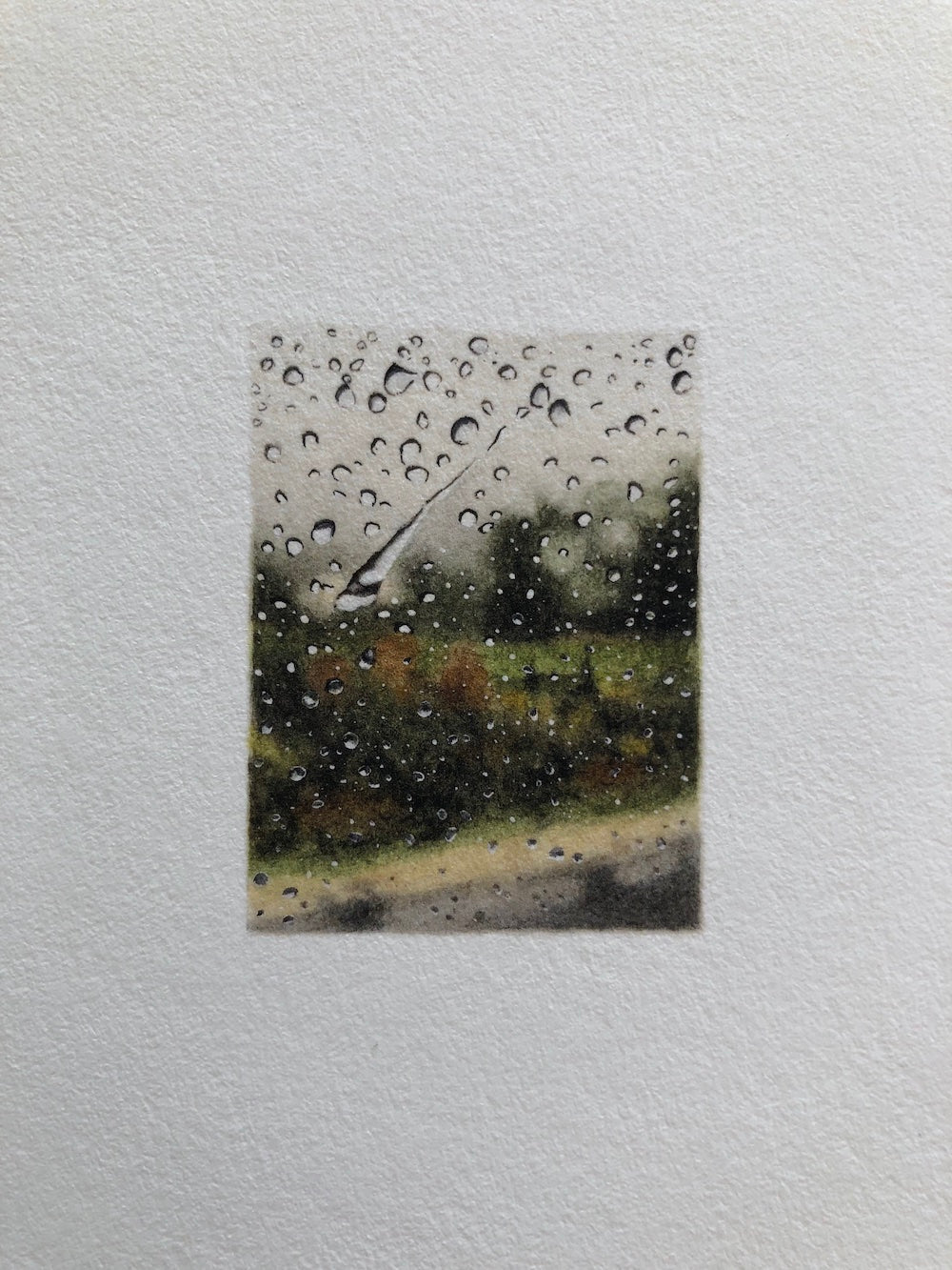 A blurry landscape with raindrops on a glass surface.